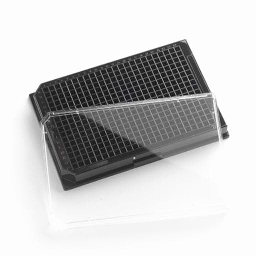 Porvair Sciences 384 Well 120 µl Polystyrene, Black F bottom assay plate, TC Treated, with Lid 223009