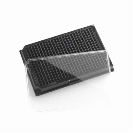 Porvair Sciences 384 Well Black glass bottom assay plate With Lid Sterile 324022