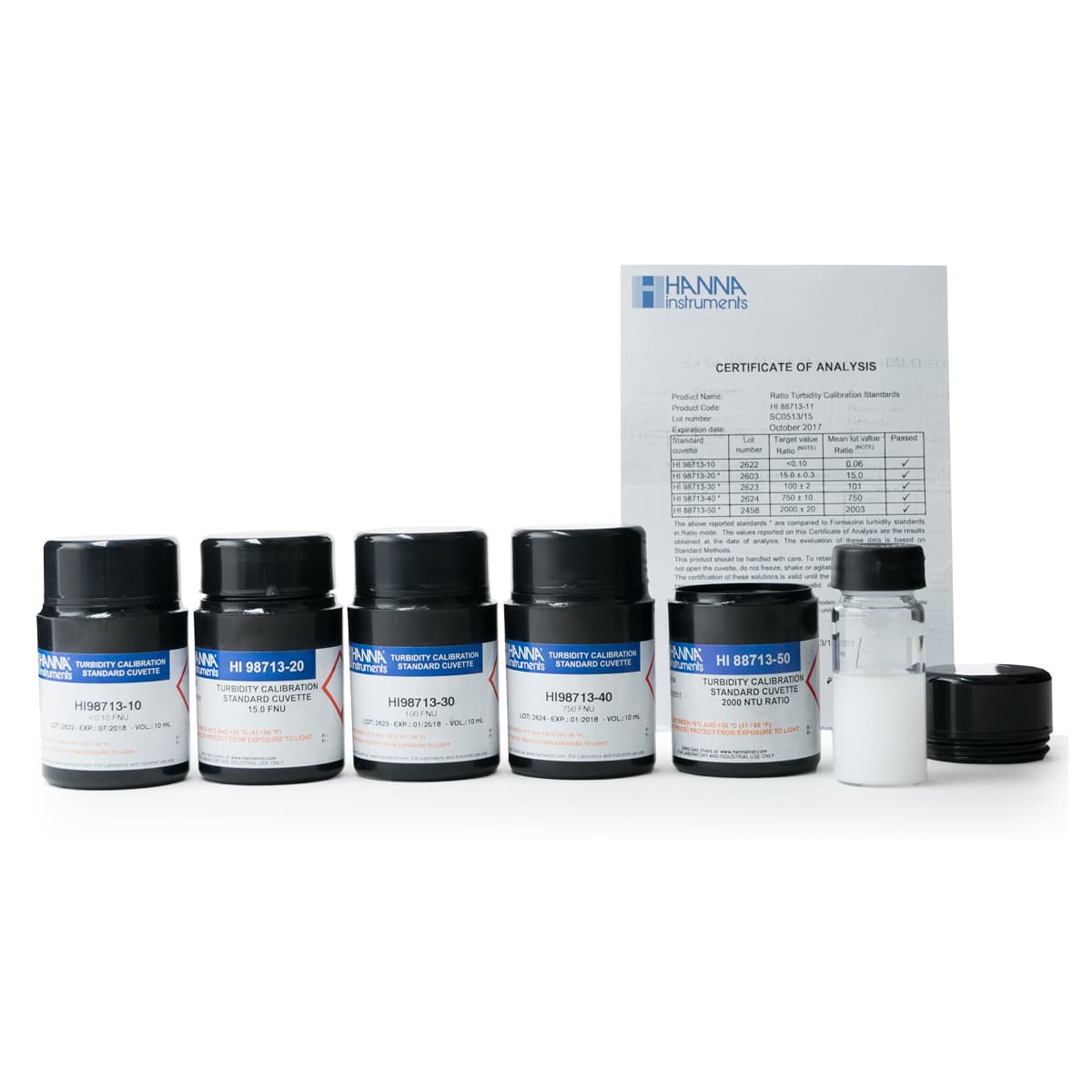 Turbidity Calibration Standards for validating Turbity Meters that have a 0 to 1000 FNU range and 0.00 to 4000 NTU range